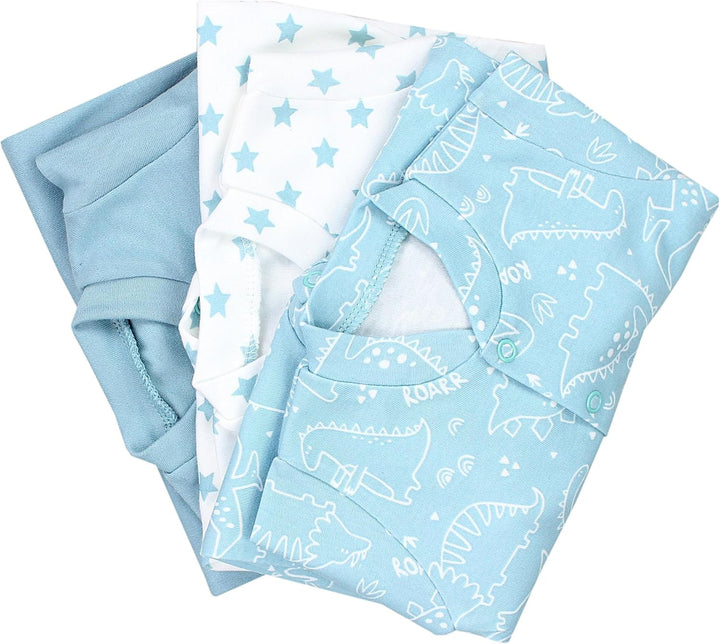 Baby Jungen Schlafstrampler Langarm Strampler Schlafanzug mit Fuss 3er Pack, 68 Dino Park Sterne Min