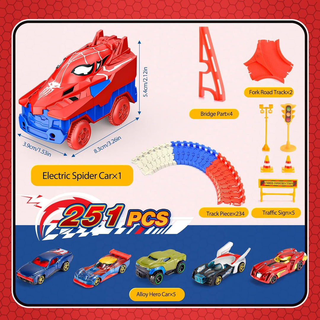 251 PCS Spider Spielzeug Rennbahn Auto, Spielzeug ab 3 4 5 6 Jahre Autorennbahn für Kinder Geschenk