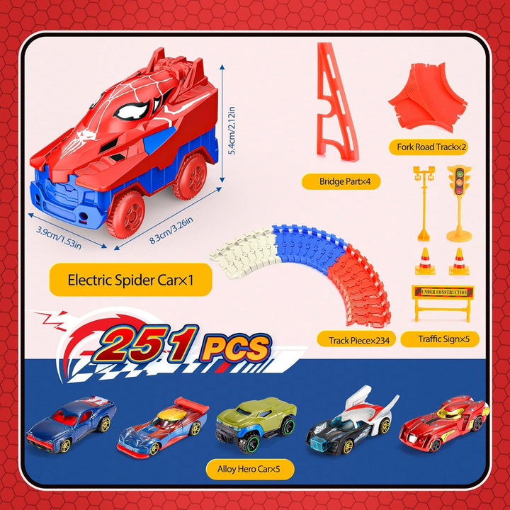 251 PCS Spider Spielzeug Rennbahn Auto, Spielzeug ab 3 4 5 6 Jahre Autorennbahn für Kinder Geschenk