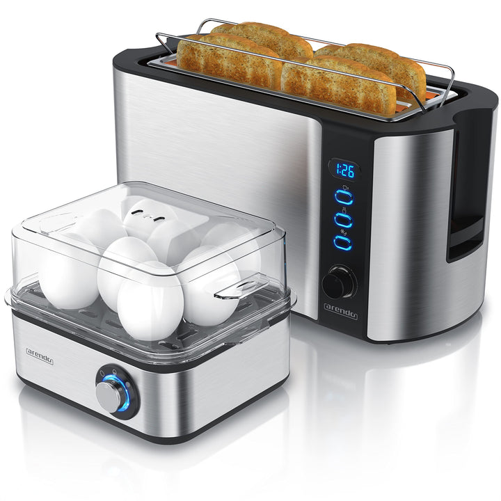 Arendo SET Toaster FRUKOST mit Eierkocher EIGHTCOOK Edelstahl Silber Toaster 4 Scheiben LED-Display