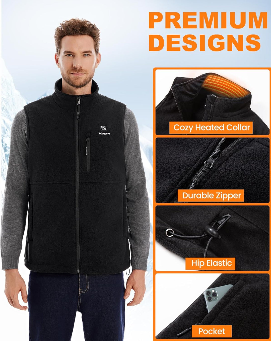 Beheizbare Weste, Polarfleece Heizweste Herren, Elektrische beheizte Weste mit 3 Temperaturen, 6 Hei