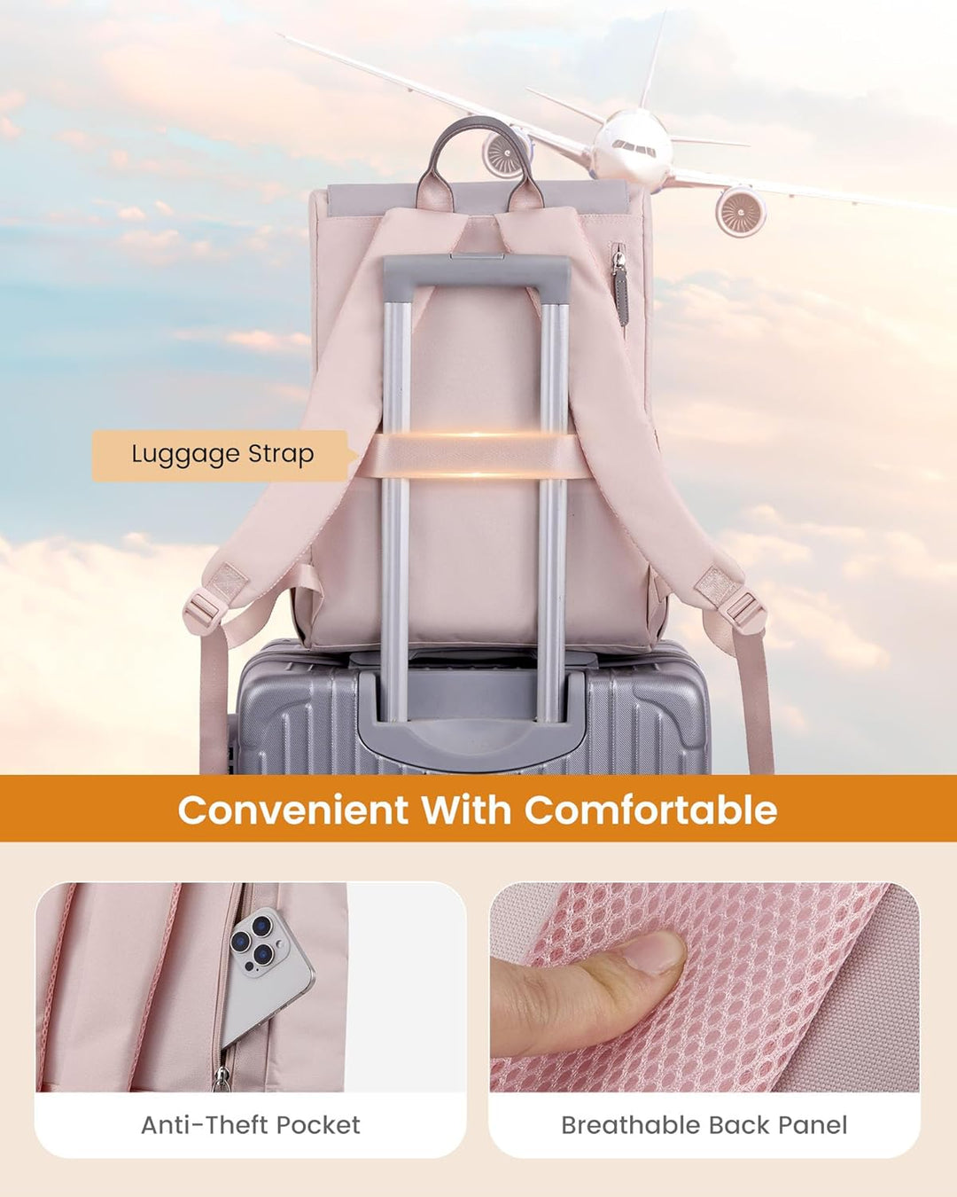 LOVEVOOK Rucksack Damen, 15,6 Zoll Laptop Schulrucksack Teenager Rosa Grau 15.6", Rosa Grau 15.6"