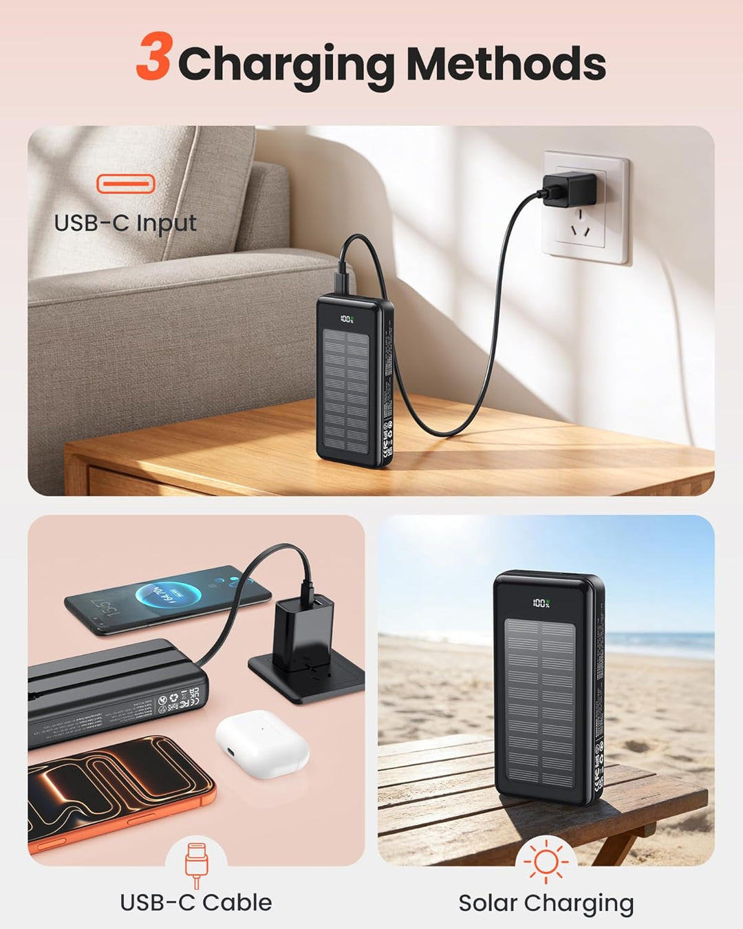 Solar Powerbank 27000mAh, Power Bank mit 2 Kabeln, 22,5W Schnelllade Powerbank Tragbares Ladegerät g