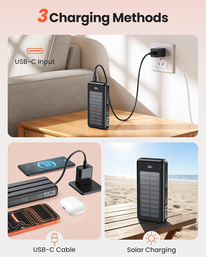 Solar Powerbank 27000mAh, Power Bank mit 2 Kabeln, 22,5W Schnelllade Powerbank Tragbares Ladegerät g