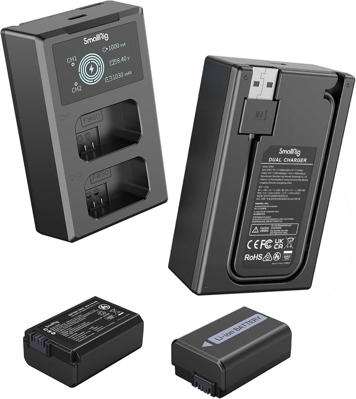 SMALLRIG NP-FW50 Ersatzbatterien (2 Stück) &amp; LCD Display Ladegerät Set, Wiederaufladbarer Akku für S