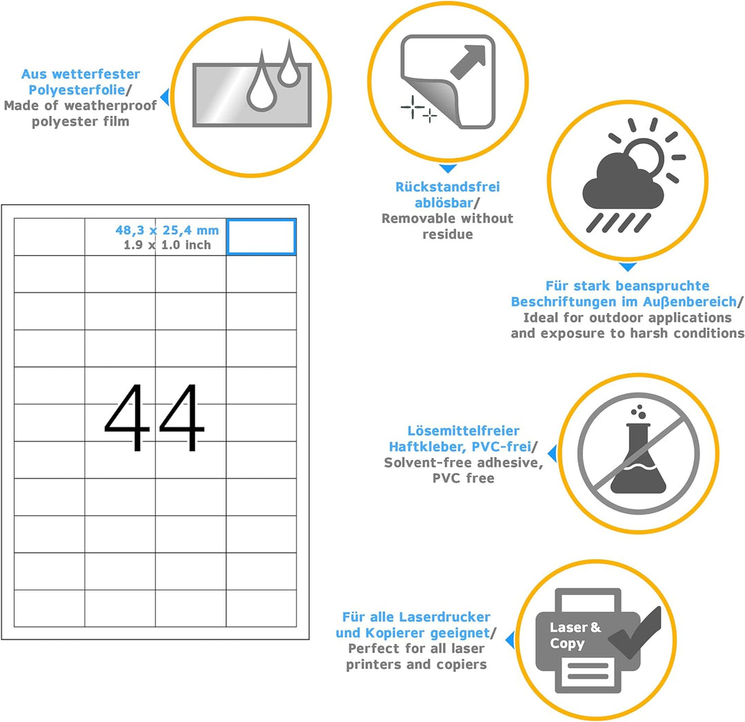 HERMA 4572 Wetterfeste Folienetiketten ablösbar, 20 Blatt, 48,3 x 25,4 mm, 44 Stück pro A4 Bogen, 88