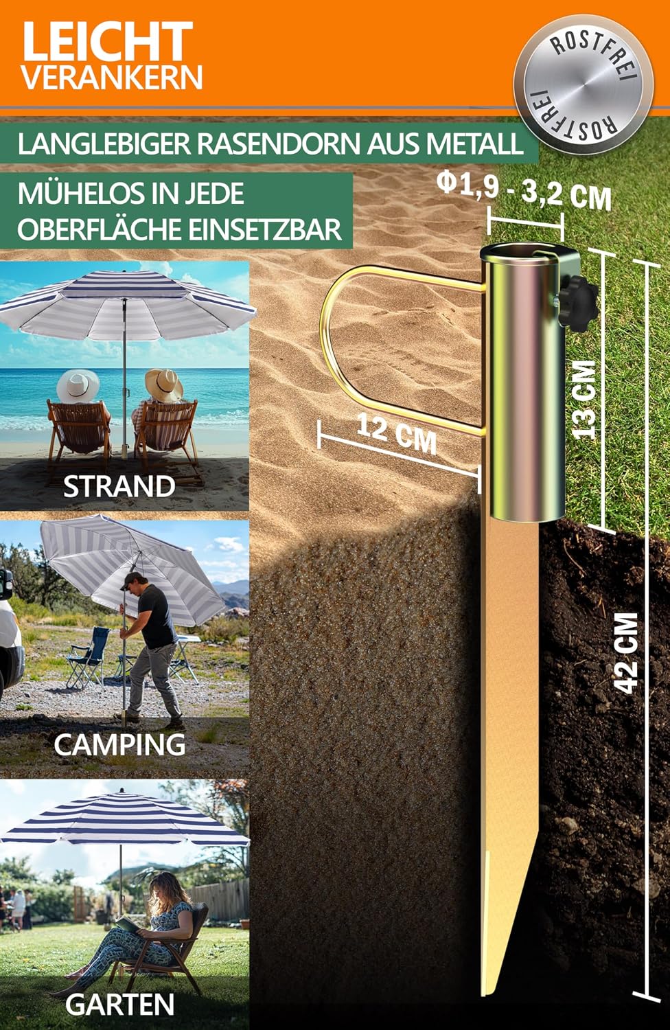 4smile Sonnenschirm Strand Ø 180 cm, 3-in-1 SET mit Rasendorn, Blau-Weiss | Strandschirm windfest st