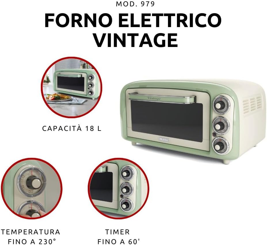 Ariete Vintage-Ofen 979, Retro Elektrobackofen mit 3 Backpositionen, 30 cm Pizzaofen, Max temp. 230°