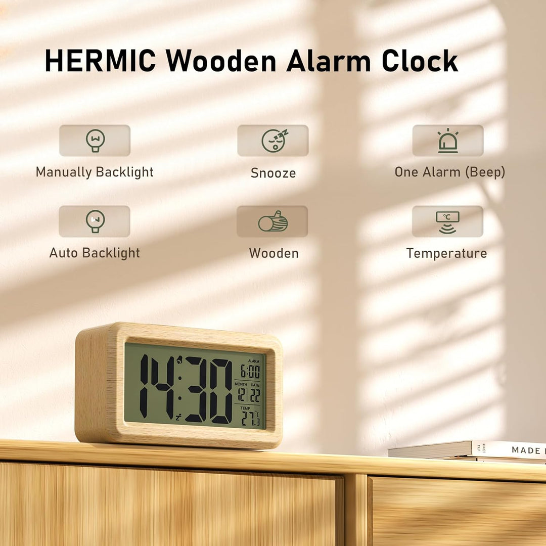 HERMIC Wecker Digital aus Holz mit Grossem LCD-Display, Datum, Temperatur, Automatischem Lichtsensor
