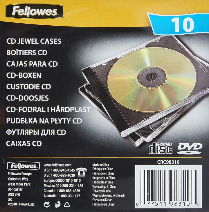 Fellowes CD Hüllen Standard, schwarze Rückseite mit transparentem Deckel, Jewel Case für CDs/DVDs, P