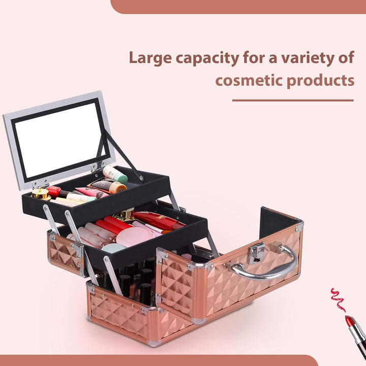 HOMASIS Kosmetikkoffer mit Spiegel, Mini Schminkkoffer mit 3 Ebenen, tragbarer Beauty Case mit Griff