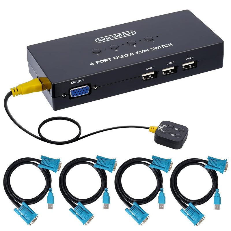 VGA KVM Switch mit 4 KVM Kabeln, 4 Port Umschalter für 4PC Sharing 1 Video Monitor, Tastatur, Maus,