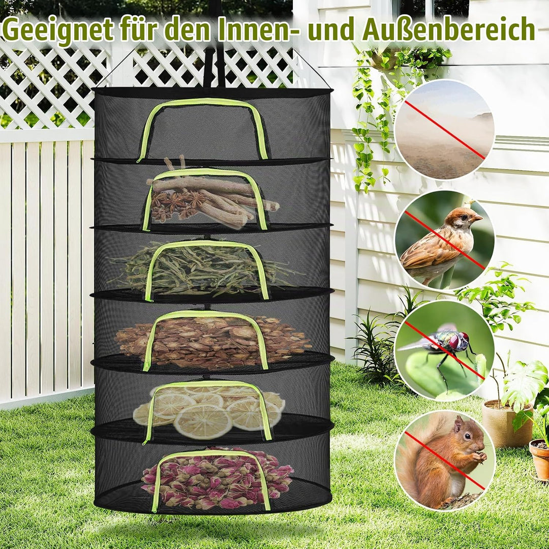 6 Lagiges Trockennetz Kräuter, 150 cm Kräutertrockner Hängend, Trocknungsnetz mit S Haken und Reissv