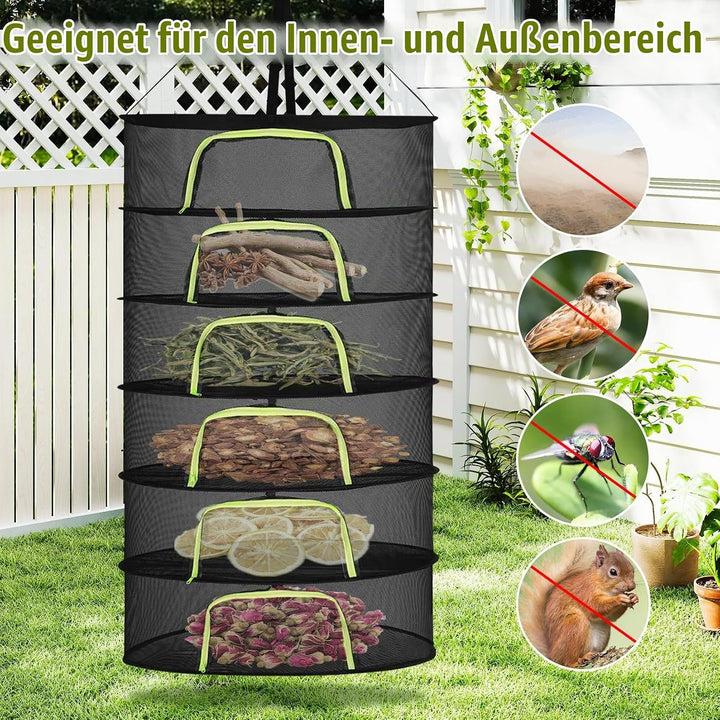 6 Lagiges Trockennetz Kräuter, 150 cm Kräutertrockner Hängend, Trocknungsnetz mit S Haken und Reissv