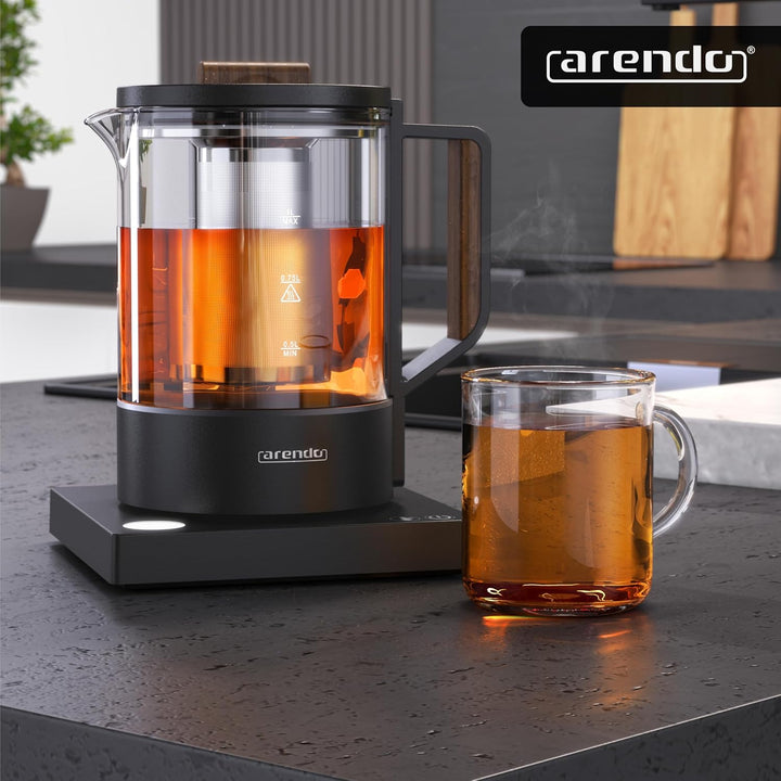 Arendo - Glas Wasserkocher mit Temperatureinstellung - Edelstahl Teekocher 1 Liter – Integriertes Te