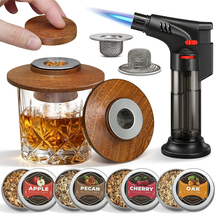 Whisky Räucher Set mit Sturmfeuerzeug, 2 Edelstahlfiltern &amp; 4 Geschmack-Holzspäne, Hochwertiges Sape
