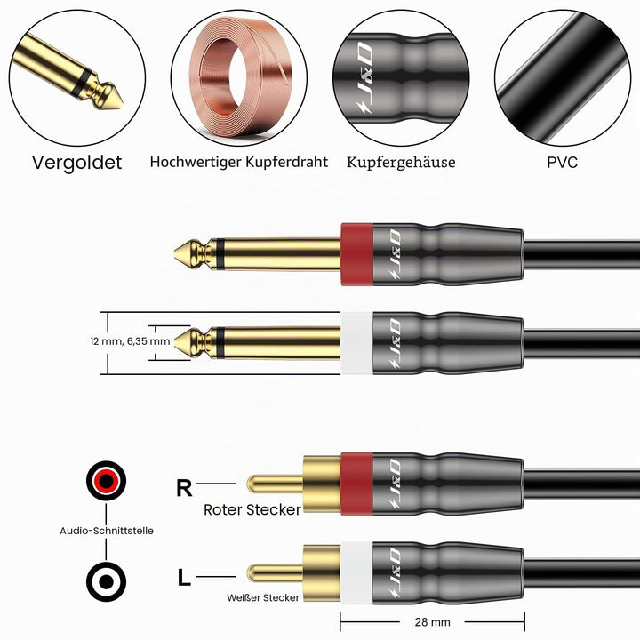 J&amp;D Dual 6,35 mm zu 2RCA Kabel, Heavy Duty 1/4 Männlich auf Cinch Männlich Adapter Stereo Audio Inte