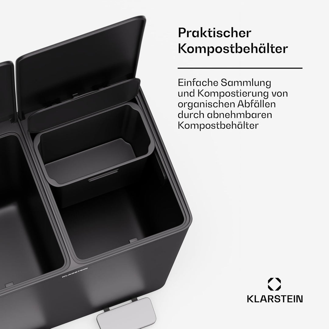 Klarstein EcoVista Mülleimer - 40L Abfalleimer mit 2 Fächern & 3L Komposteimer, Soft-Close, Edelstah
