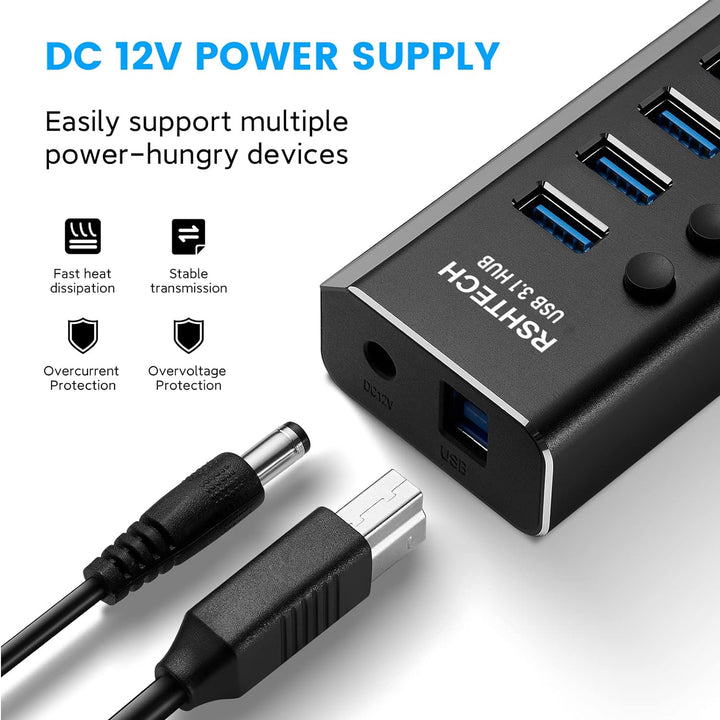 RSHTECH USB 3.1 Hub mit Netzteil 36W, mit 10*10Gbps USB 3.2-Port Aluminium USB Hub 3.2 Gen2 Aktiv mi