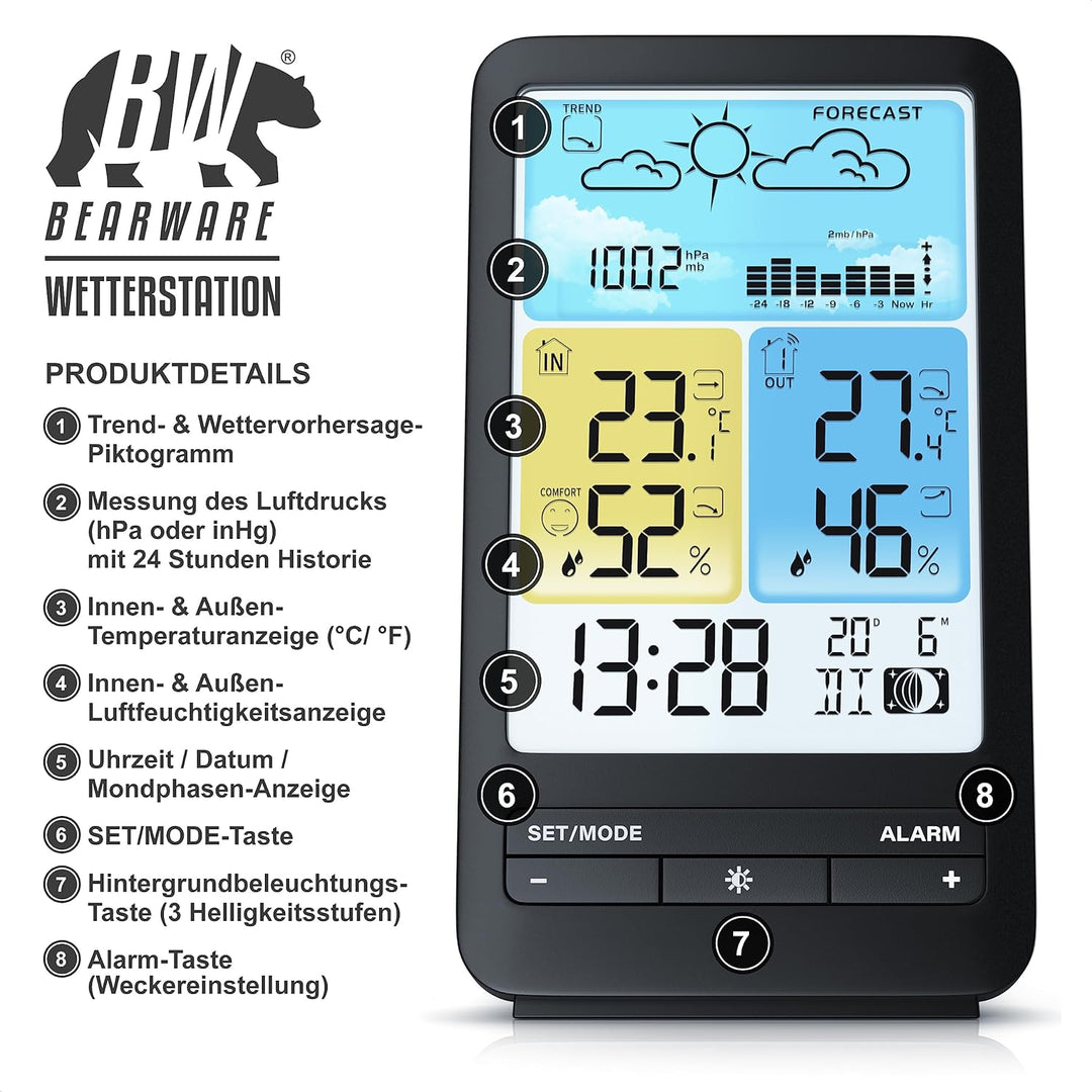 CSL - Funk Wetterstation Aussensensor - Farbdisplay - Funkuhr - DCF Signal - DST - Innen und Aussent
