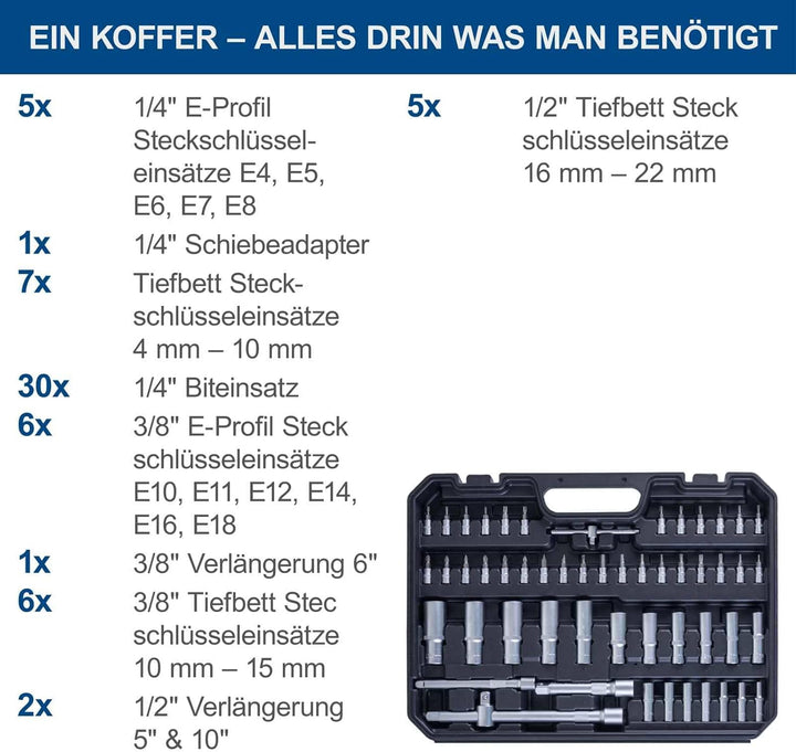 Scheppach Werkzeugkoffer TB180 Steckschlüsselsatz 180-tlg | 1/4"+3/8"+1/2" Ratschen, Verlängerung, S