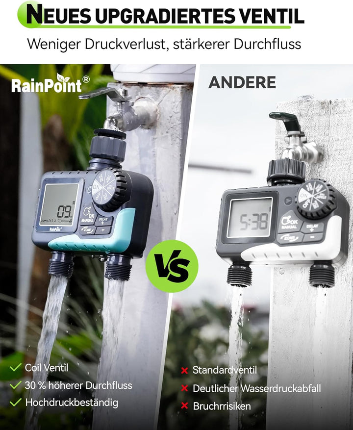 RAINPOINT Bewässerungscomputer 2 Ausgänge, IP65 Wasserdicht Wasser Zeitschaltuhr mit Regenverzögerun