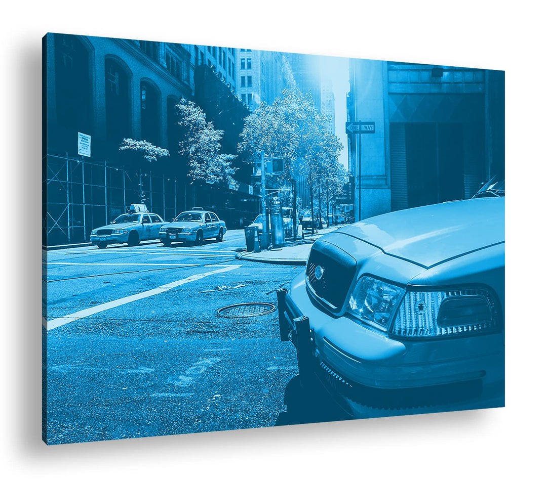 deyoli klassische Taxis in New York Format 80x60 Effekt: Monocrome Blau als Leinwandbild, Motiv fert