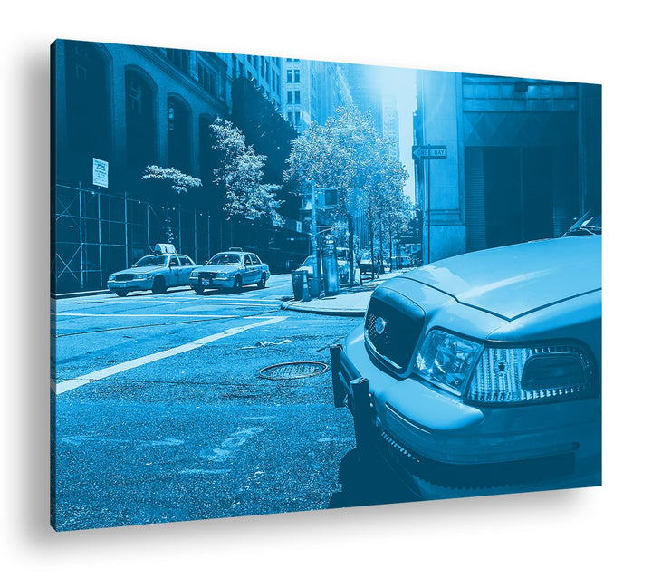 deyoli klassische Taxis in New York Format 80x60 Effekt: Monocrome Blau als Leinwandbild, Motiv fert