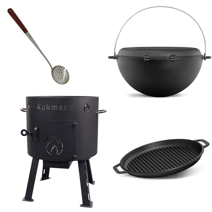 SET Kukmara Uchag Utschak 40cm mit BRIZOLL 15 Liter Kasan Kazan aus Gusseisen + GRILL Pfannendeckel