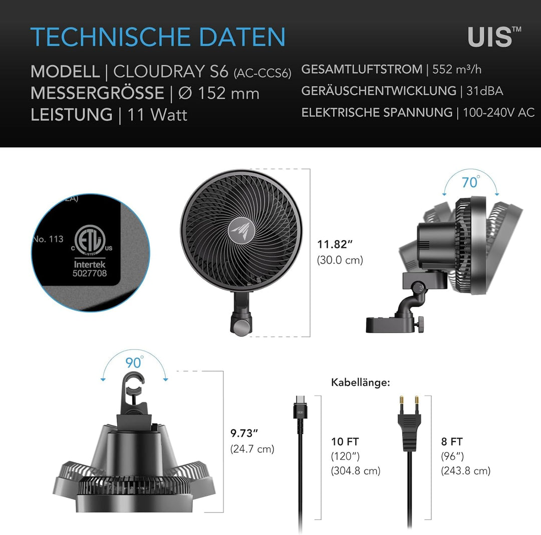 AC Infinity CLOUDRAY S6 – Clip-Ventilator 150mm für Grow Zelte mit langlebigem EC-Motor, 10 Windstuf