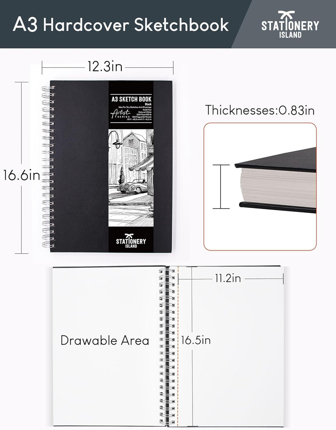 STATIONERY ISLAND A3 Skizzenbuch, 200 g/m² Dickes Papier, Spiralgebundener Zeichenbuch A3 Hardcover,