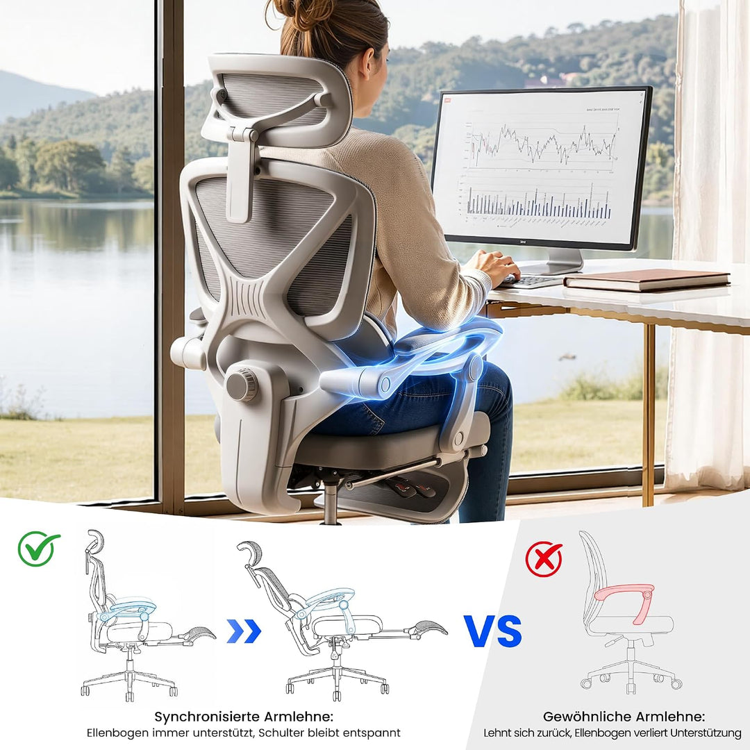 FLEXISPOT Ergonomischer Bürostuhl mit Fussstütze, X-förmiger Schreibtischstuhl mit 135°-Neigung, Gek