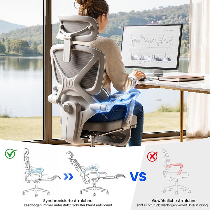 FLEXISPOT Ergonomischer Bürostuhl mit Fussstütze, X-förmiger Schreibtischstuhl mit 135°-Neigung, Gek