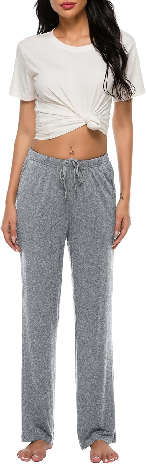 JINSHI Damen Schlafanzughose Lang Pyjamahose Weich Modal Nachtwäsche Freizeithose S Hellgrau+Rosavio