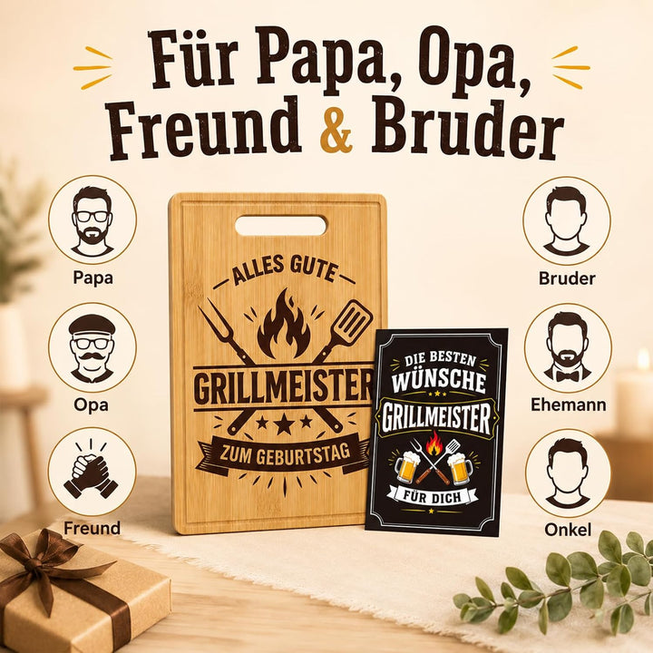 Geburtstagsgeschenk für Männer, Grillmeister Bambus Schneidebrett mit Karte, Grill Geschenk für Mann