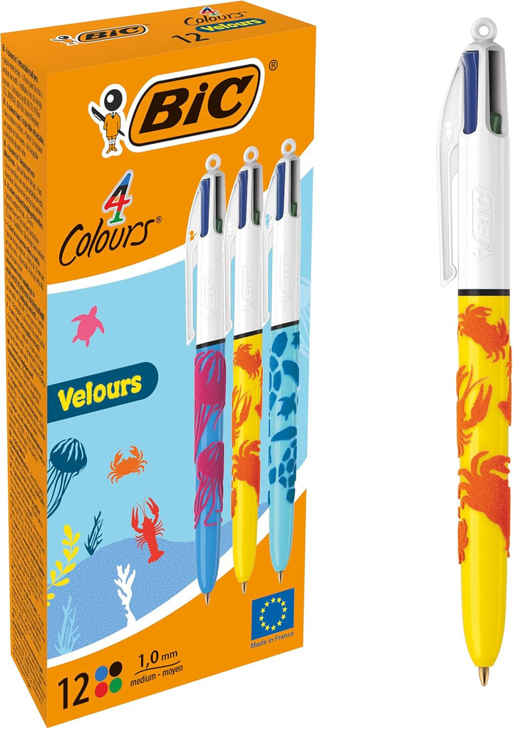BIC 4 Farben Kugelschreiber Set 4 Colours Velours, mit samtiger Oberfläche in Dschungelmotiven, 12er