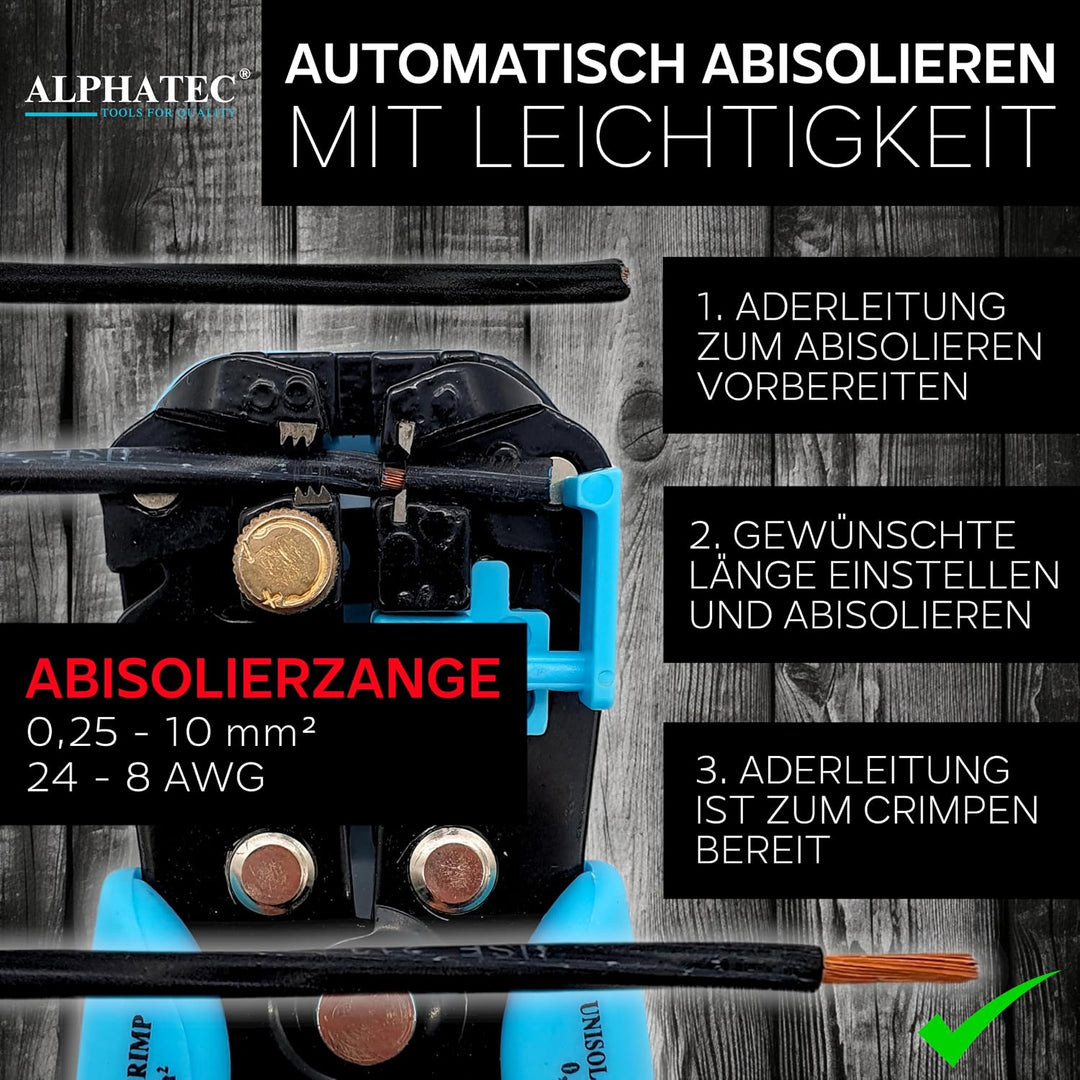 ALPHATEC® Crimpzange Set mit Wechselbacken inkl. automatische Abisolierzange - [0,25-10mm²] - Crimpz