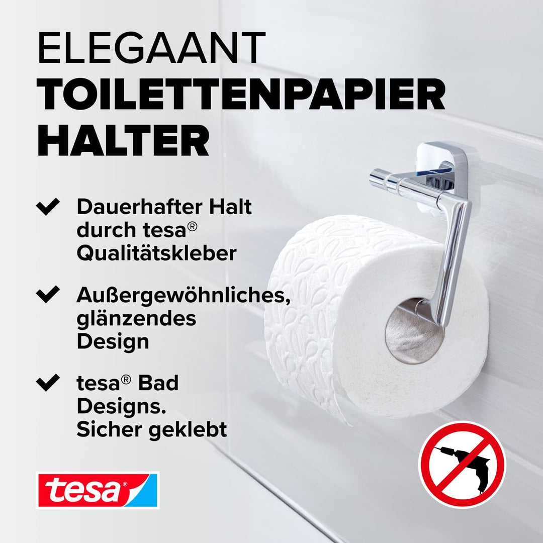 tesa ELEGAANT Toilettenpapierhalter ohne Deckel, verchromt - zur Wandbefestigung ohne Bohren, inkl.