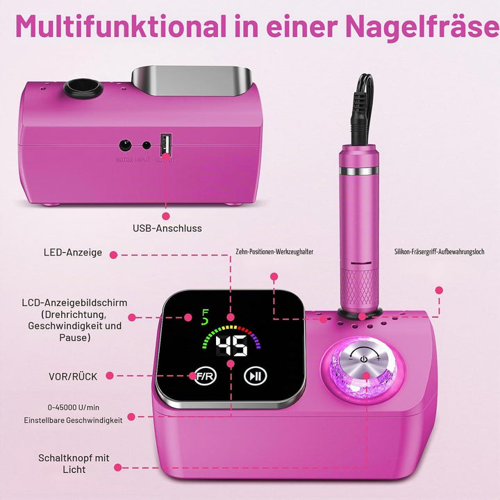 Elektrischer Nagelfeile Nagelfräser für Gelnägel, 45000 U/min Nagelfräser Professioneller mit LCD-An
