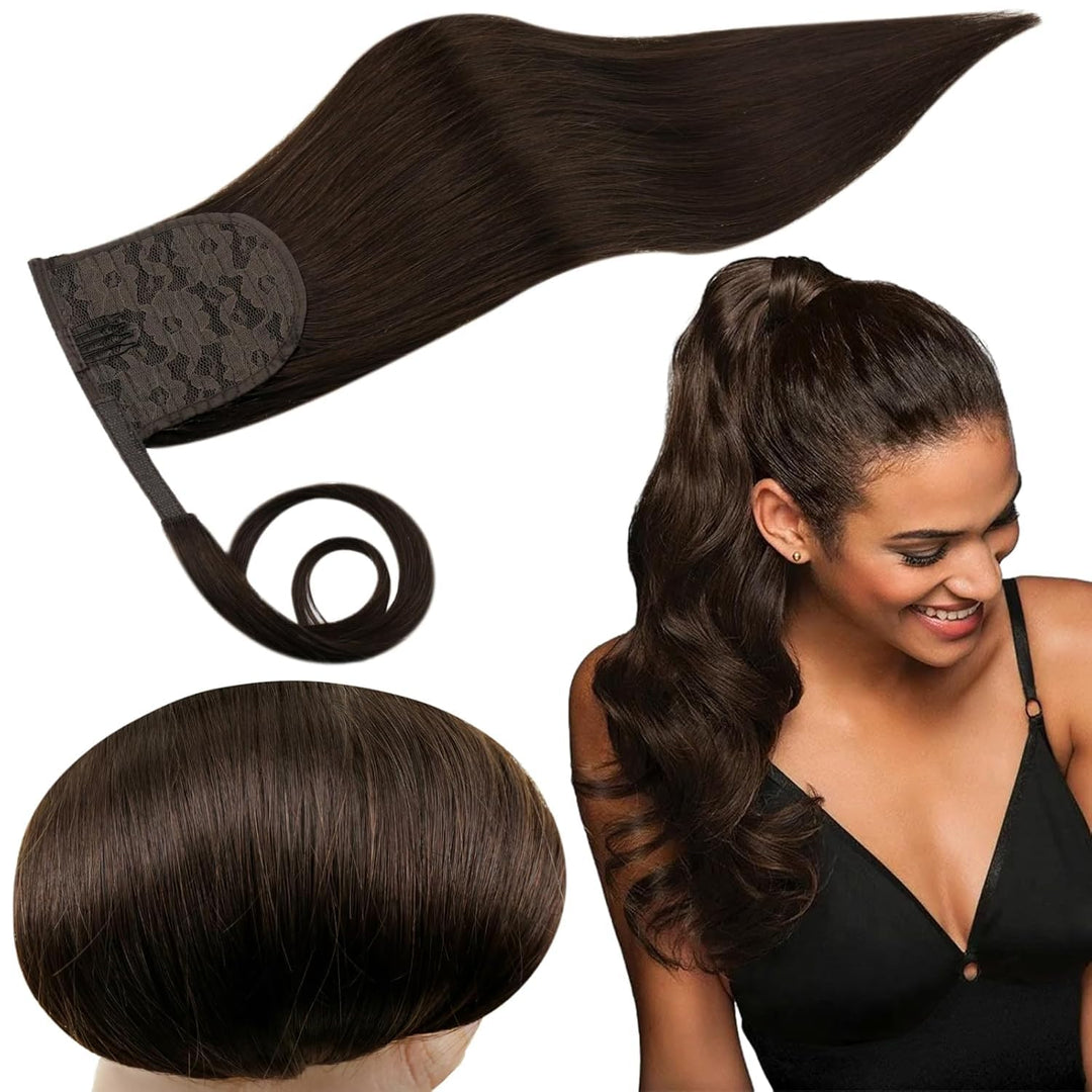 RUNATURE Braun Zopf Echthaar Haarverlängerung 50cm Lang Ponytail Extension Echthaar #2 Dunkelstes Br