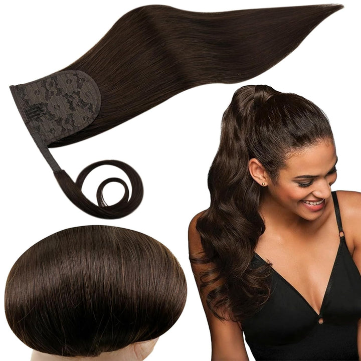 RUNATURE Braun Zopf Echthaar Haarverlängerung 50cm Lang Ponytail Extension Echthaar #2 Dunkelstes Br