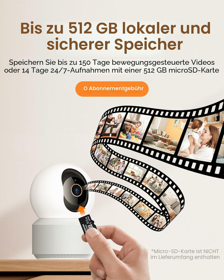 Anona Pano 4K Innenkamera mit 64 GB SD-Karte. Baby-/Haustierüberwachung per App, 360° Schwenk/Neige,