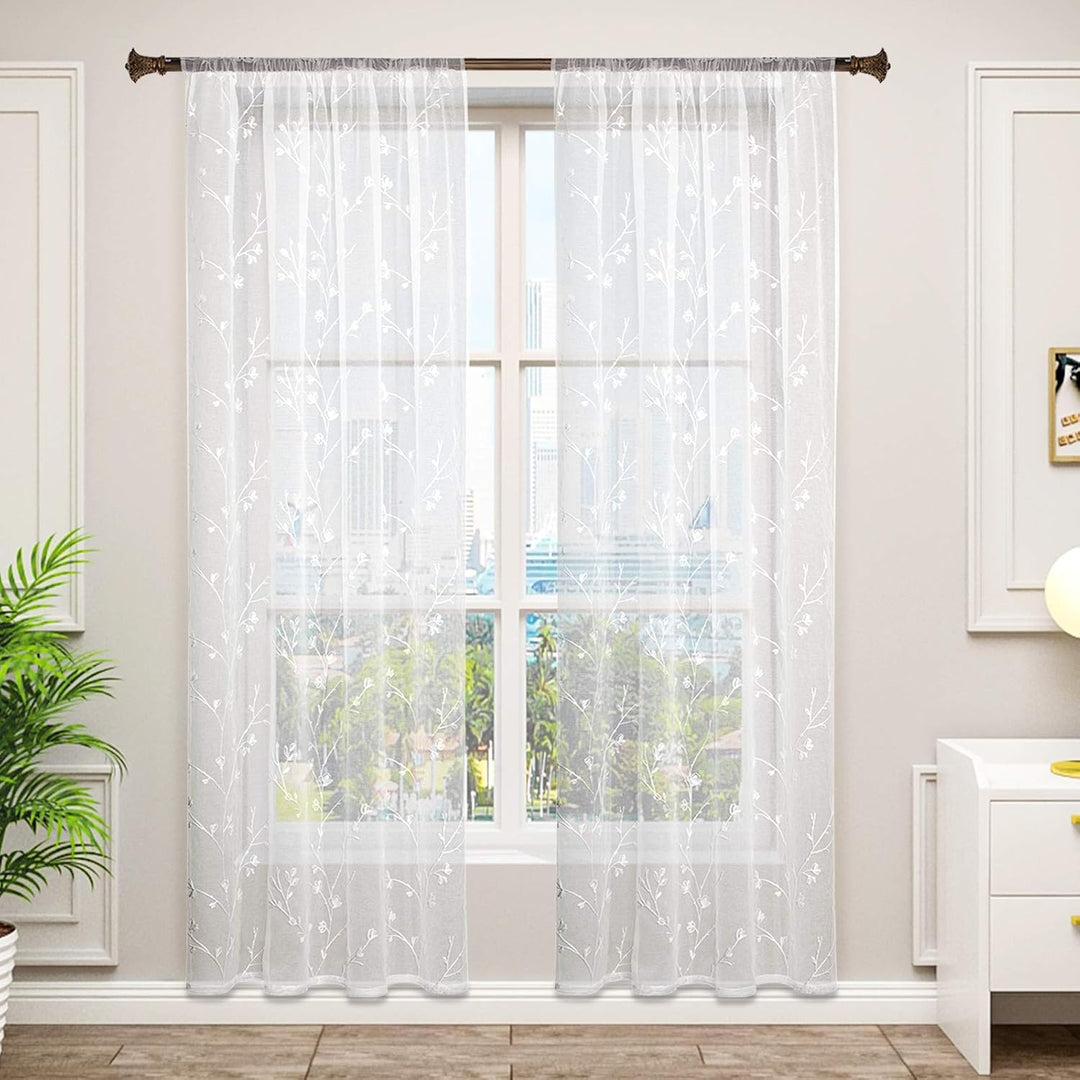 WOLTU VH6056ws-2, 2er Set Gardinen transparent Blumen Stickerei mit Kräuselband Leinen Optik, Doppel