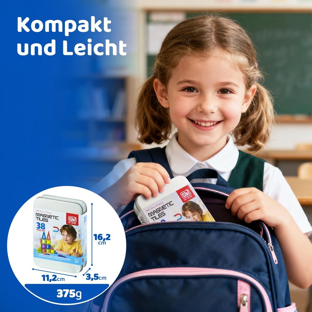 Mini Magnetische Bausteine – 38 Teile Reise-Set im Metallkoffer, Kompatibel mit 7,5 cm Magnetbaustei