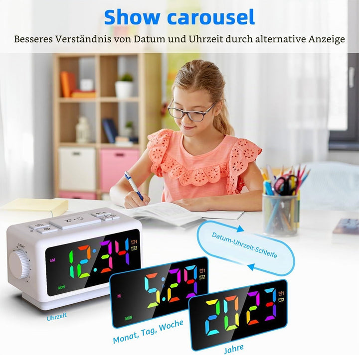 DollaTek Multifunktionaler FM Radio Wecker RGB Spiegel LED Digitalanzeige Desktop Ladeuhr mit Dual U