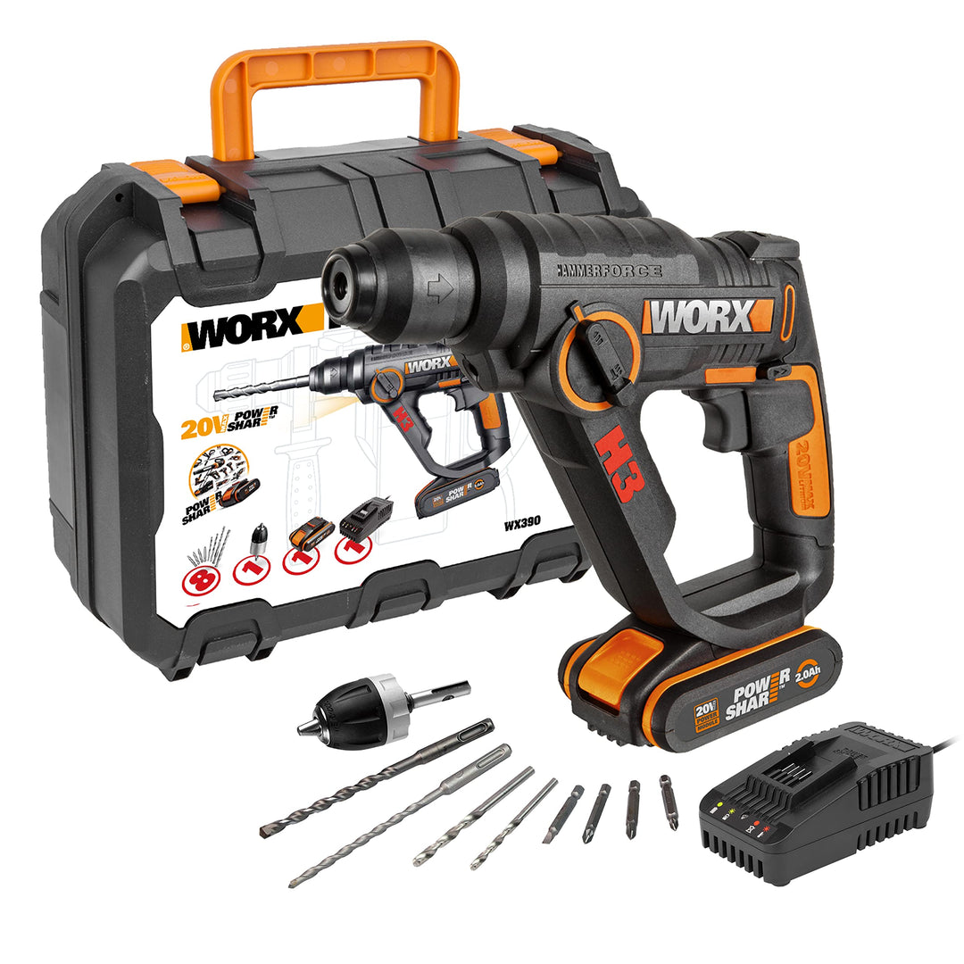 WORX WX390 Bohrhammer SDS-plus - 20V Bohrmaschine mit pneumatischem Hammerwerk zum Schrauben, Bohren