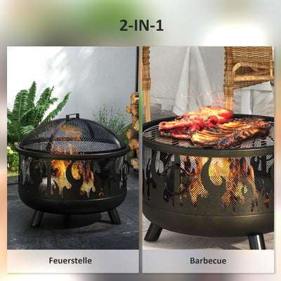 Outsunny 2-in-1 Feuerschale Feuerkorb Feuerstelle mit Funkenschutz Grillrost für Garten BBQ Metall S