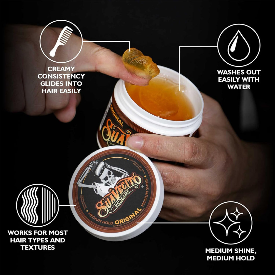 Suavecito Pomade Original Hold, Medium Hold Hair Pomade For Men, Medium Shine Water Based Wax, 4oz/1