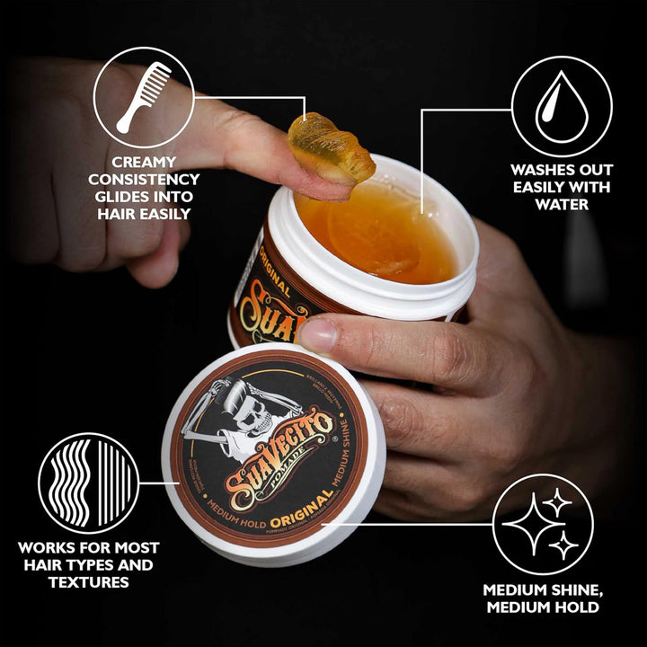 Suavecito Pomade Original Hold, Medium Hold Hair Pomade For Men, Medium Shine Water Based Wax, 4oz/1
