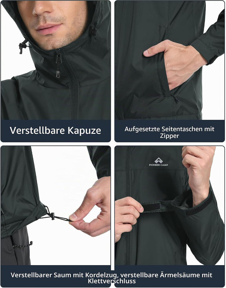 Pioneer Camp Herren Regenjacke Wasserdicht Atmungsaktiv Leichte Winddicht Windbreaker Packbare Outdo